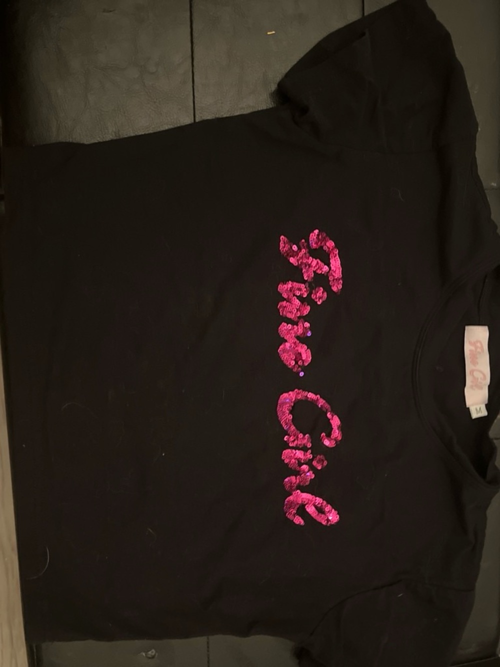 Black Sequin Script Crop Tee - Pink 'True Chic' Detail